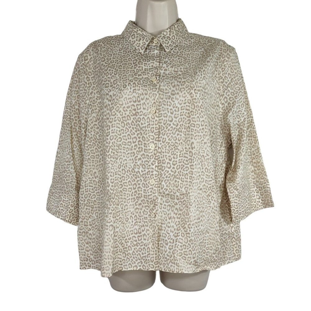 Chicos Button Up Top No Iron Women Petite Size 3 XLP 16P Brown Leopard Print